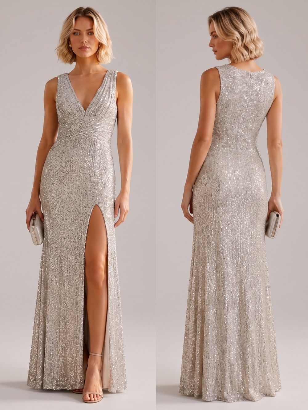 Mac Duggal Nude Sequin V-Neck Thigh Slit Maxi Gown Dress 26598 NWT $398